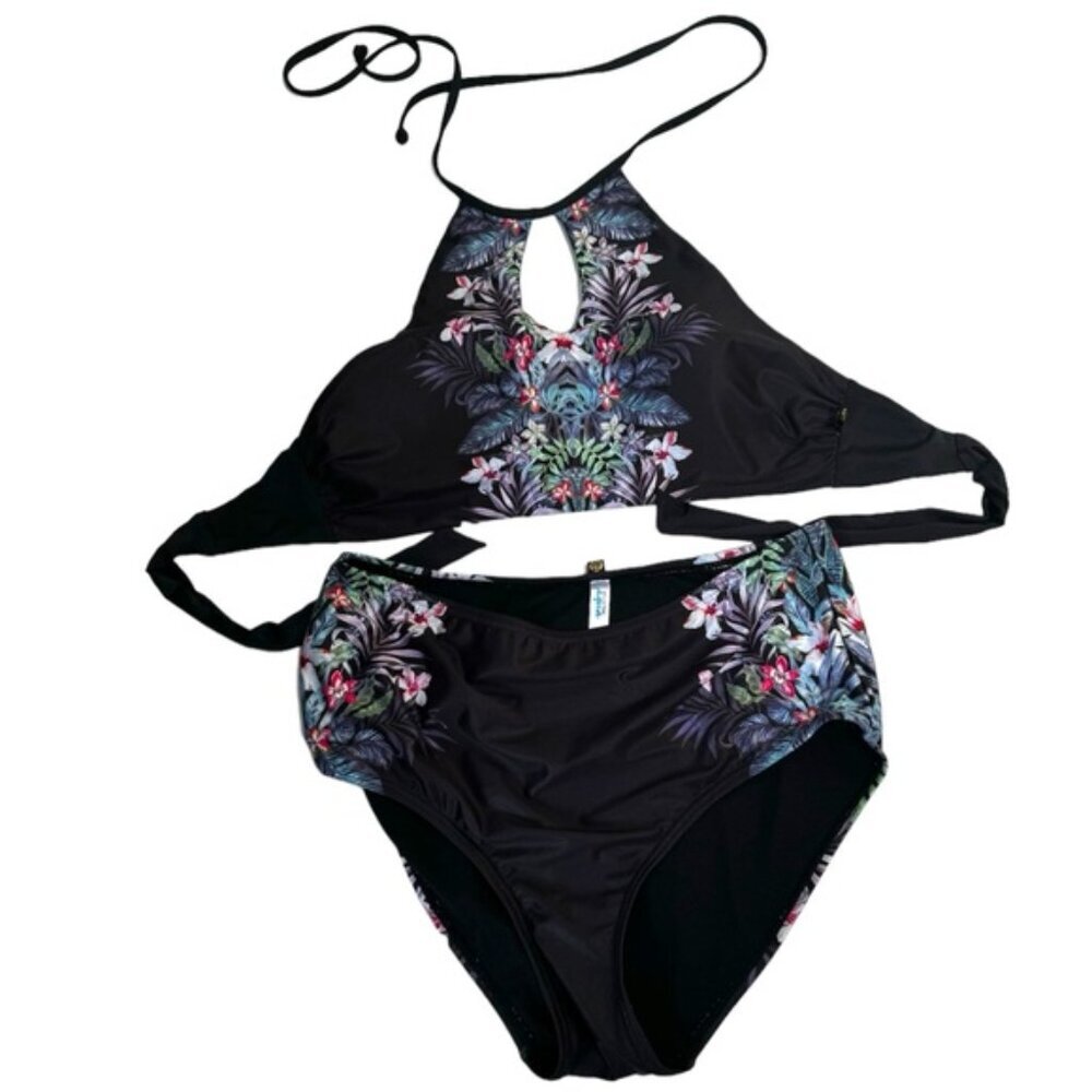La Vie En Rose Floral Halter Bikini Bra Hi Waist Briefs Pin-Up Adjust Straps M S